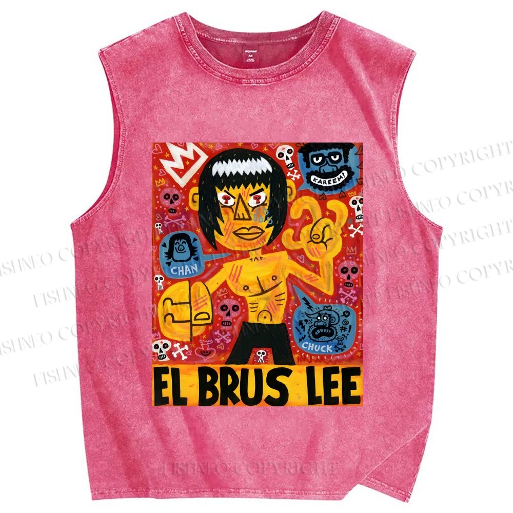 Unisex Bruce Lee Graffiti Printed Washed Tank Top