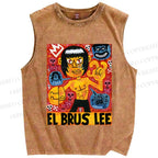 Unisex Bruce Lee Graffiti Printed Washed Tank Top