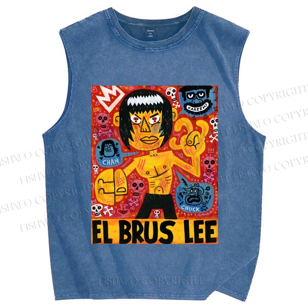 Unisex Bruce Lee Graffiti Printed Washed Tank Top