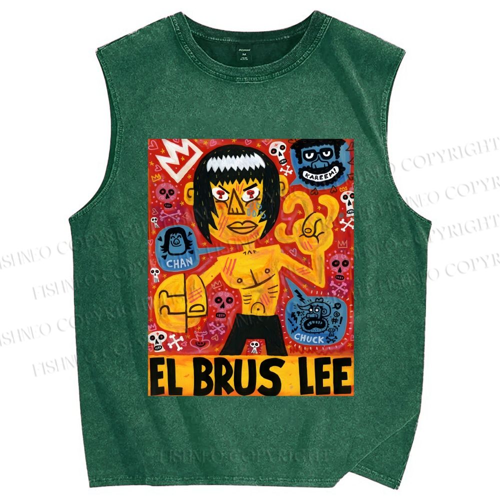 Unisex Bruce Lee Graffiti Printed Washed Tank Top
