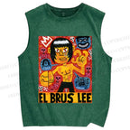 Unisex Bruce Lee Graffiti Printed Washed Tank Top