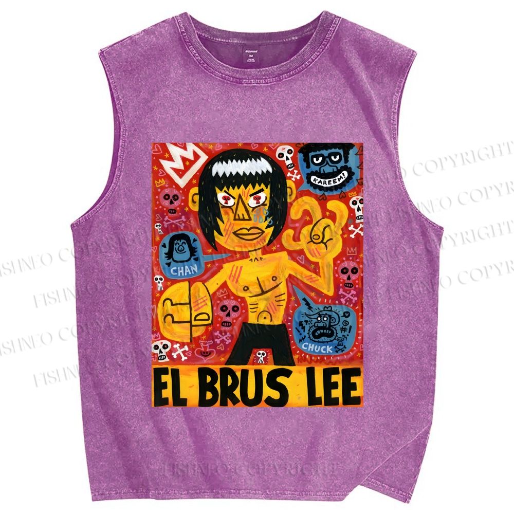 Unisex Bruce Lee Graffiti Printed Washed Tank Top