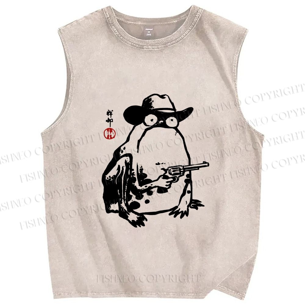 Unisex Cowboy Frog With a Gun Printed Washed Tank Top