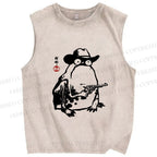 Unisex Cowboy Frog With a Gun Printed Washed Tank Top
