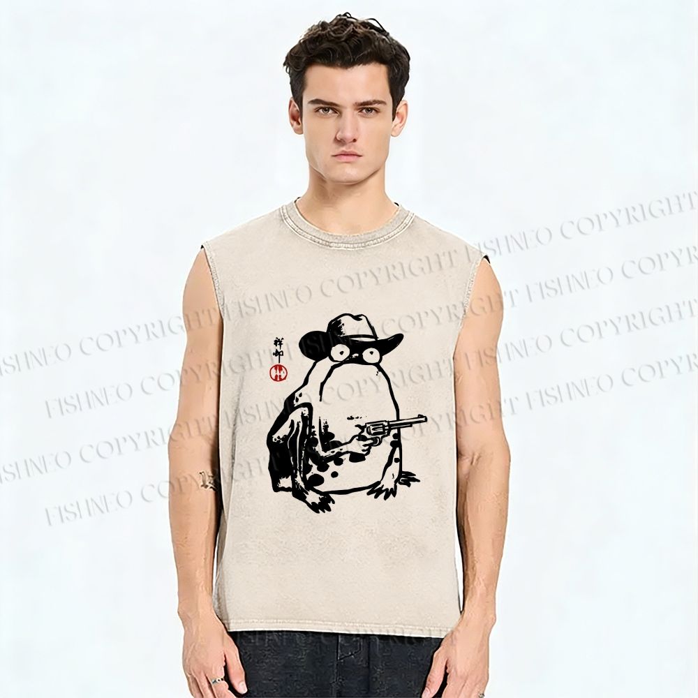 Unisex Cowboy Frog With a Gun Printed Washed Tank Top