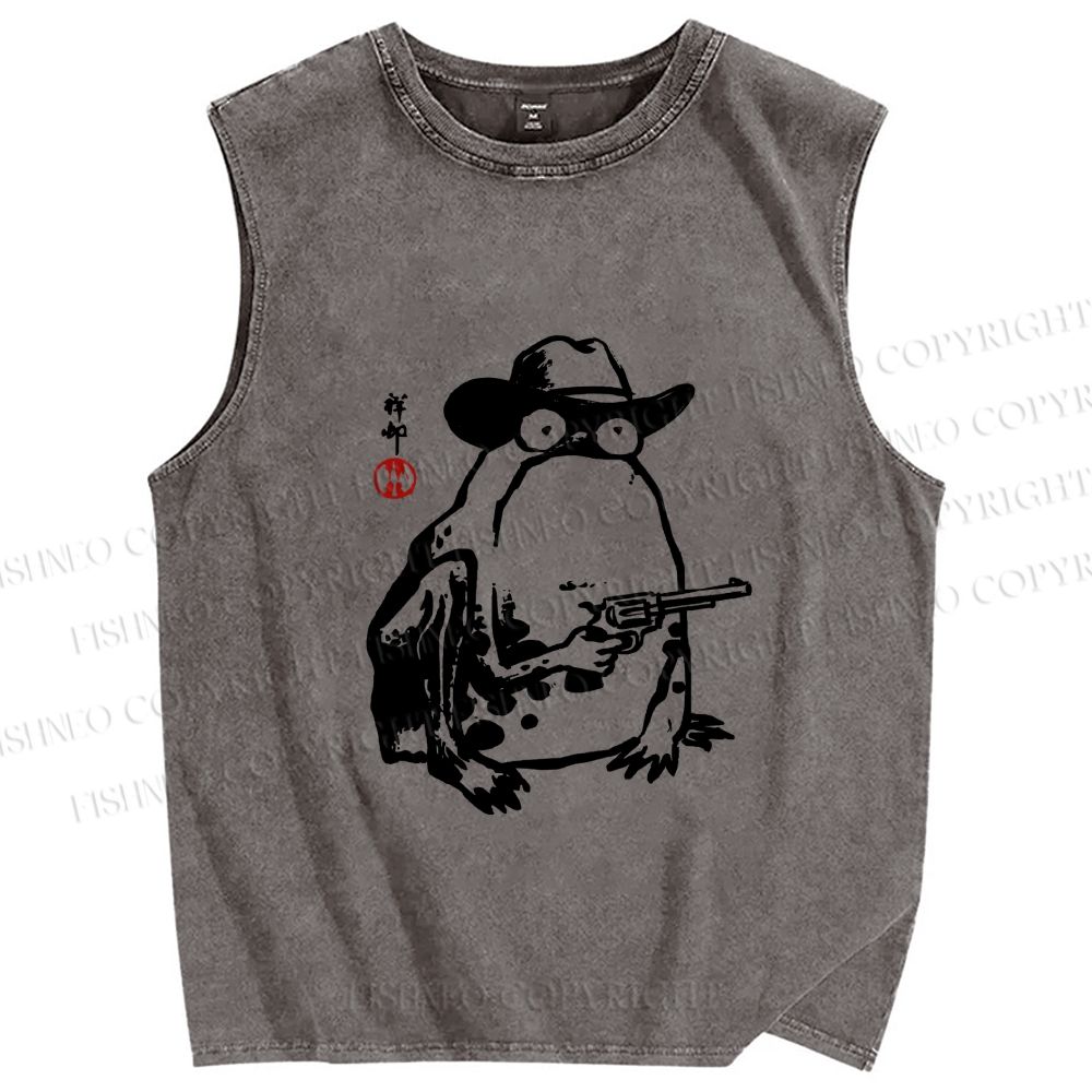 Unisex Cowboy Frog With a Gun Printed Washed Tank Top