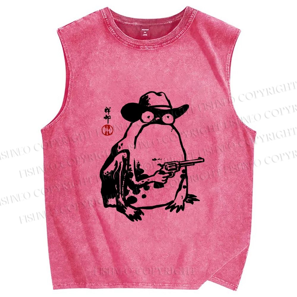 Unisex Cowboy Frog With a Gun Printed Washed Tank Top