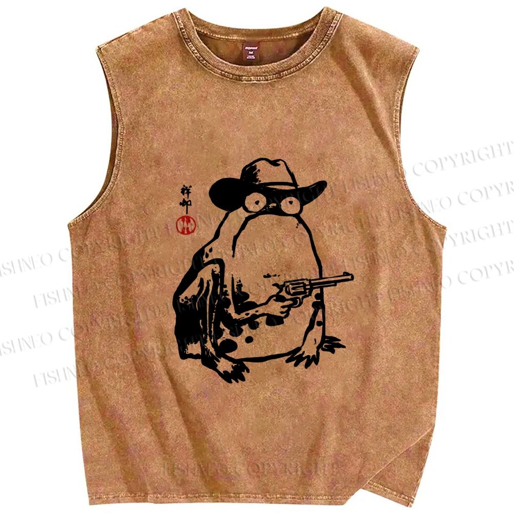 Unisex Cowboy Frog With a Gun Printed Washed Tank Top