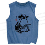 Unisex Cowboy Frog With a Gun Printed Washed Tank Top