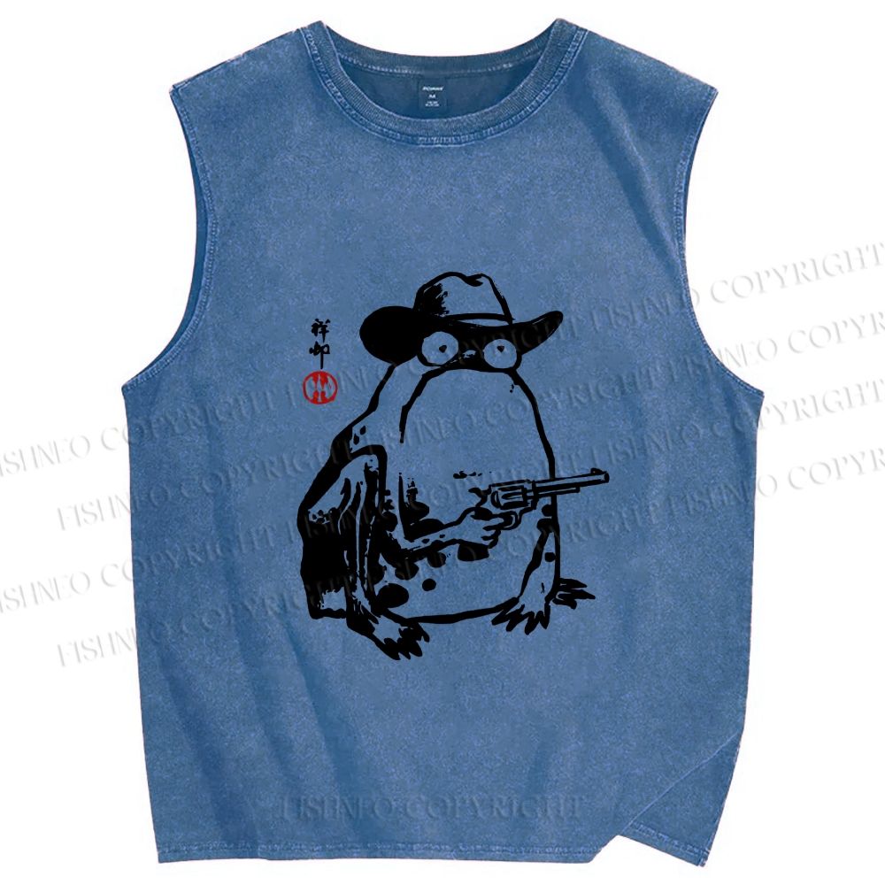 Unisex Cowboy Frog With a Gun Printed Washed Tank Top