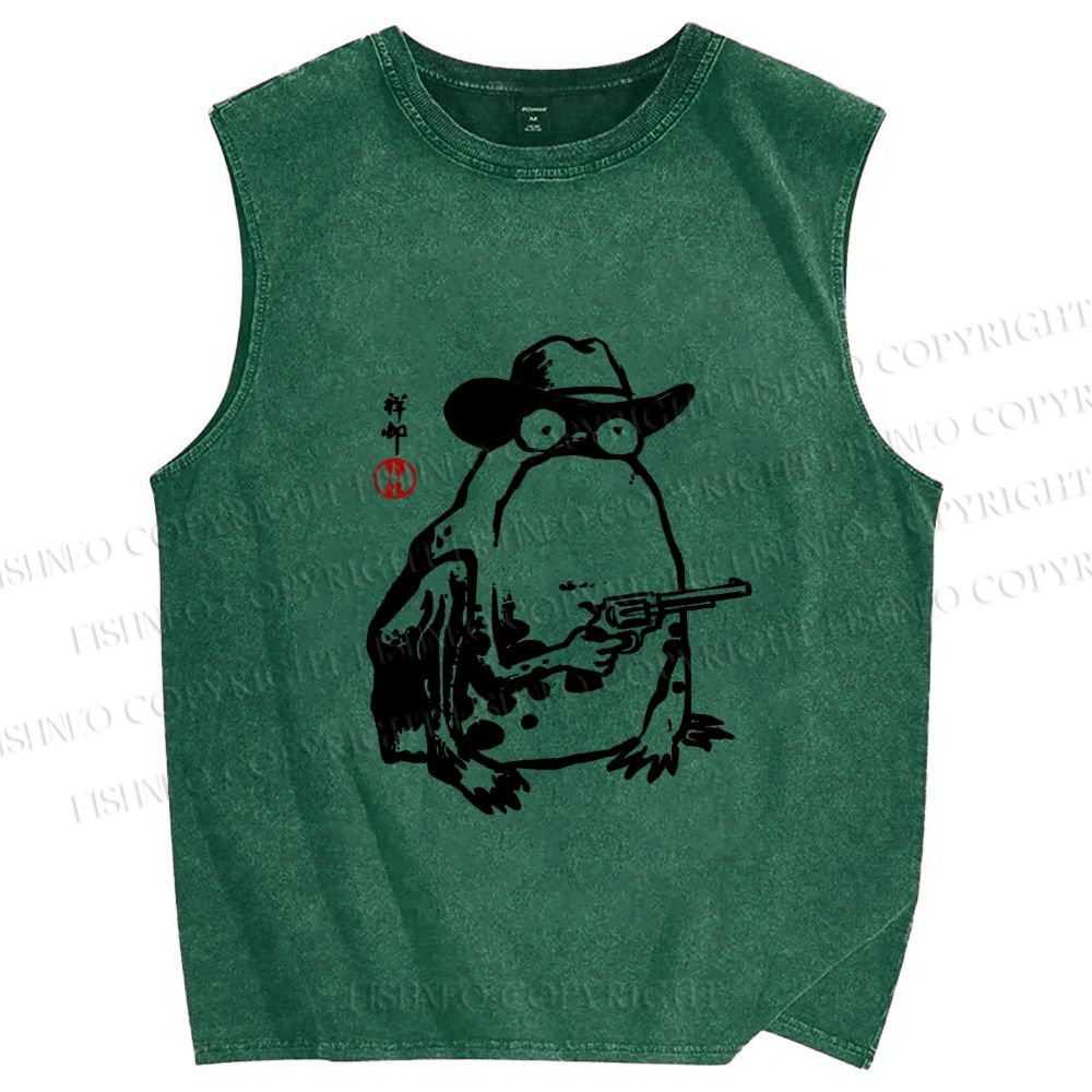 Unisex Cowboy Frog With a Gun Printed Washed Tank Top
