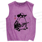 Unisex Cowboy Frog With a Gun Printed Washed Tank Top