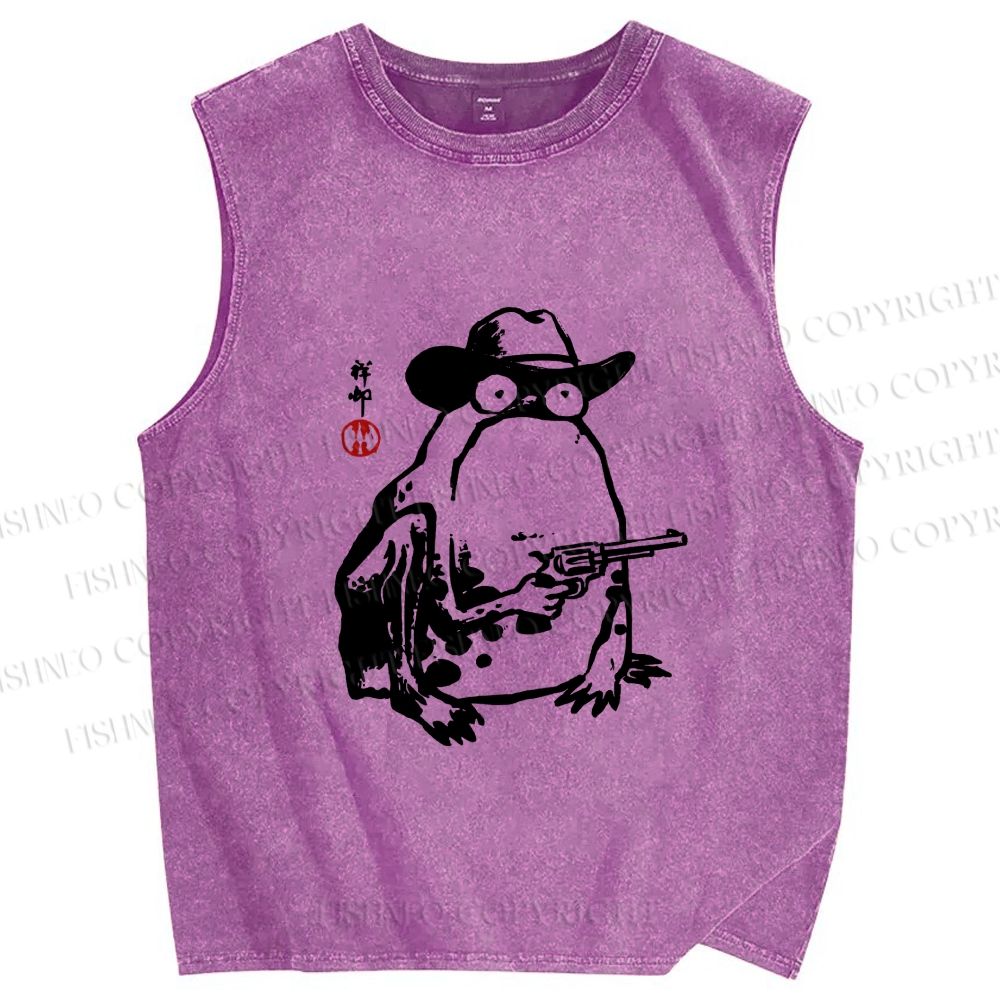 Unisex Cowboy Frog With a Gun Printed Washed Tank Top