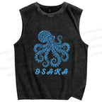 Unisex Osaka Blue Octopus Printed Washed Tank Top