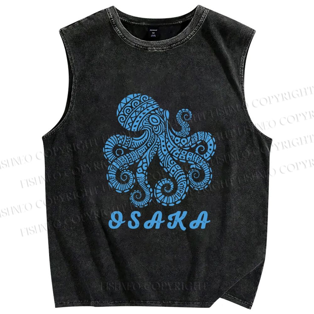 Unisex Osaka Blue Octopus Printed Washed Tank Top
