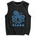 Unisex Osaka Blue Octopus Printed Washed Tank Top