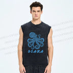Unisex Osaka Blue Octopus Printed Washed Tank Top