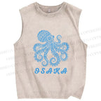 Unisex Osaka Blue Octopus Printed Washed Tank Top