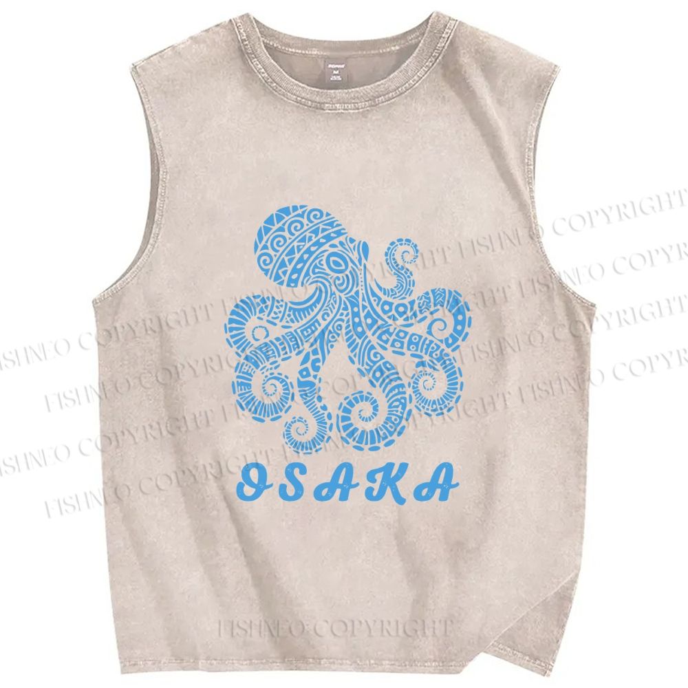 Unisex Osaka Blue Octopus Printed Washed Tank Top