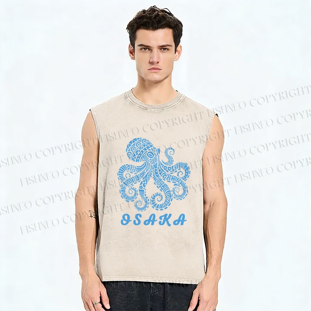 Unisex Osaka Blue Octopus Printed Washed Tank Top