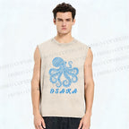 Unisex Osaka Blue Octopus Printed Washed Tank Top