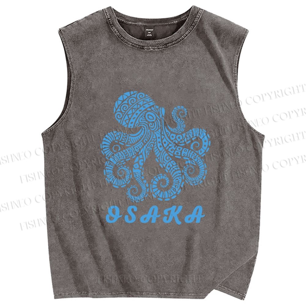 Unisex Osaka Blue Octopus Printed Washed Tank Top