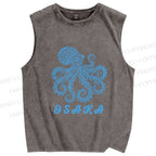 Unisex Osaka Blue Octopus Printed Washed Tank Top
