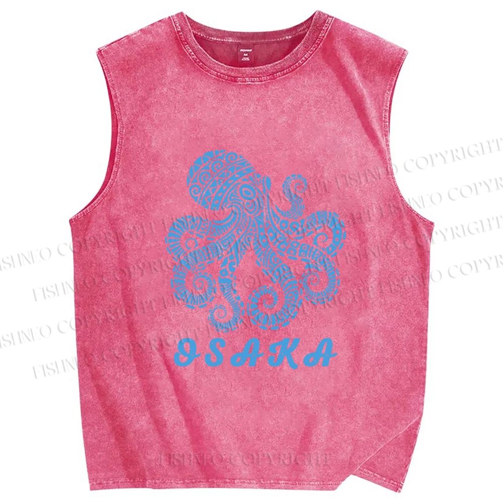 Unisex Osaka Blue Octopus Printed Washed Tank Top