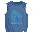 Unisex Osaka Blue Octopus Printed Washed Tank Top