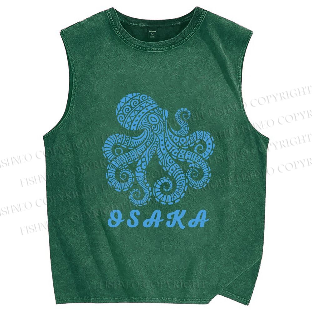 Unisex Osaka Blue Octopus Printed Washed Tank Top