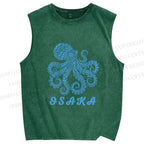 Unisex Osaka Blue Octopus Printed Washed Tank Top