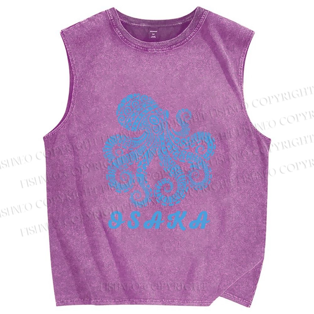 Unisex Osaka Blue Octopus Printed Washed Tank Top
