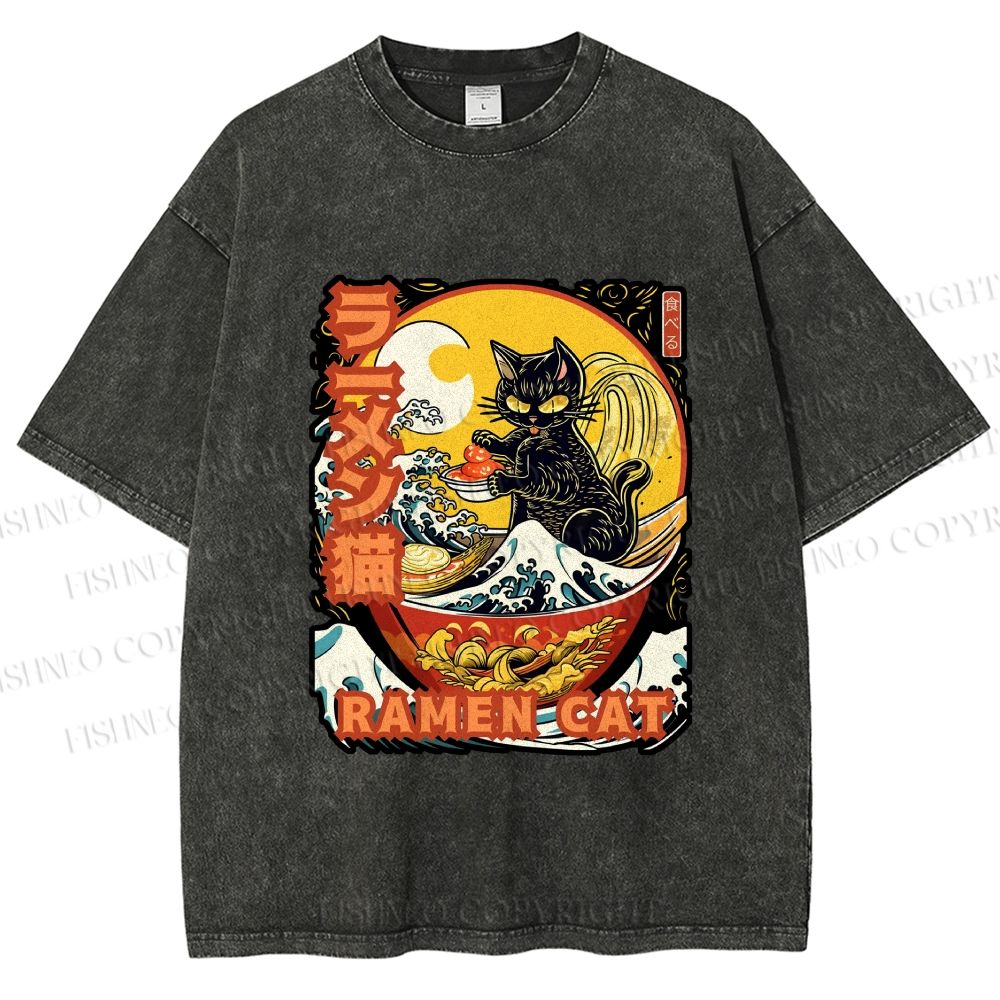 Unisex Japanese Ukiyo-e Ramen Cat Printed Washed Tee