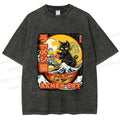 Unisex Japanese Ukiyo-e Ramen Cat Printed Washed Tee