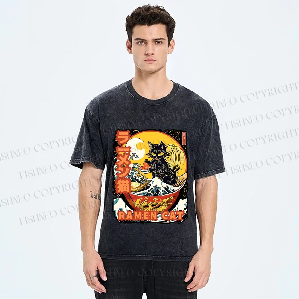 Unisex Japanese Ukiyo-e Ramen Cat Printed Washed Tee