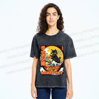 Unisex Japanese Ukiyo-e Ramen Cat Printed Washed Tee