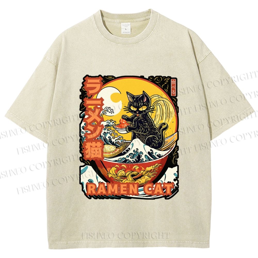 Unisex Japanese Ukiyo-e Ramen Cat Printed Washed Tee