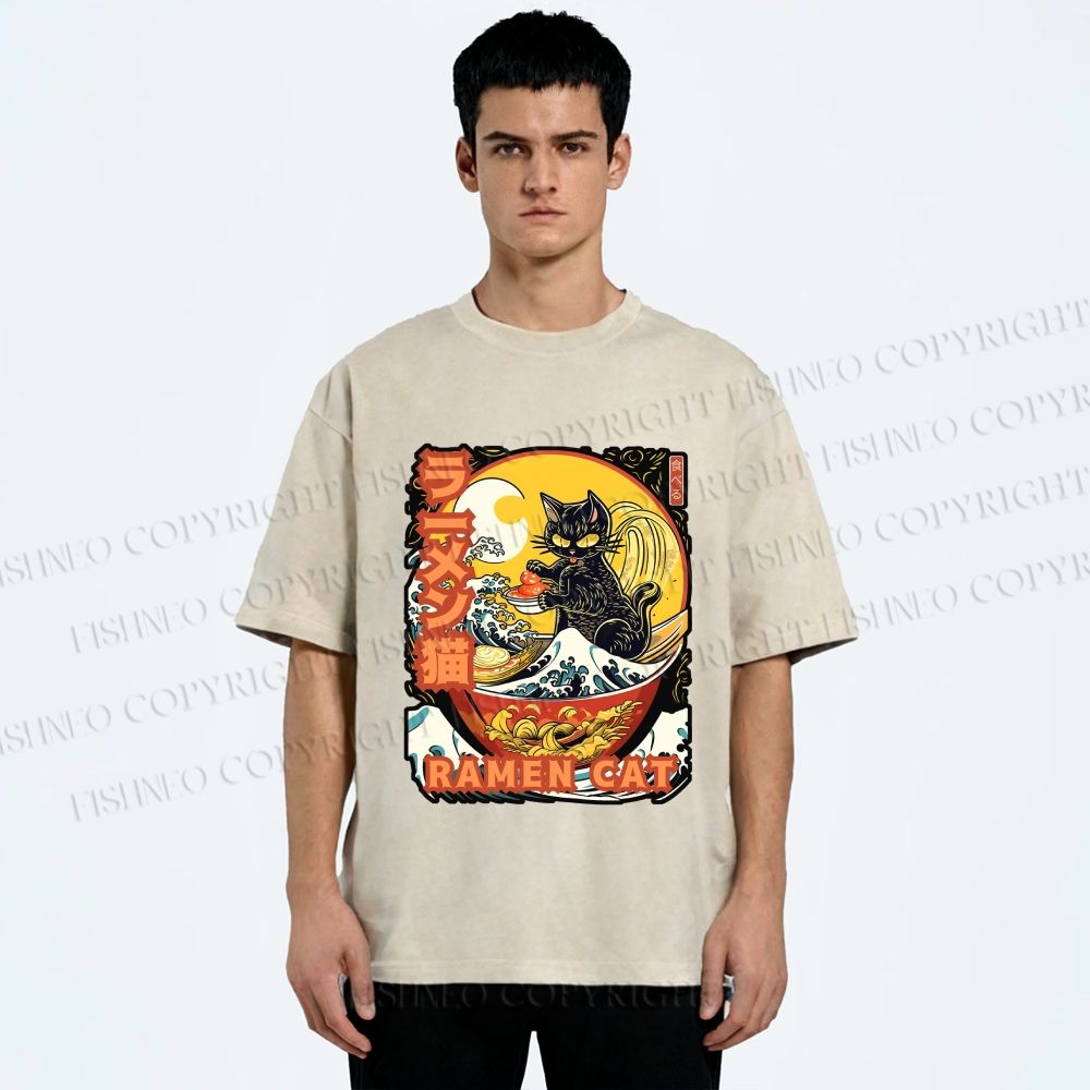 Unisex Japanese Ukiyo-e Ramen Cat Printed Washed Tee
