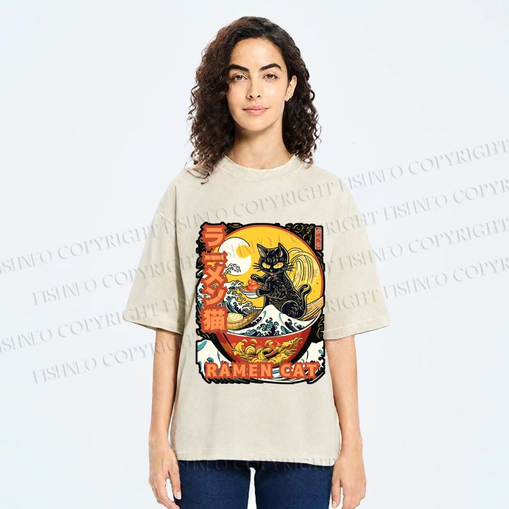 Unisex Japanese Ukiyo-e Ramen Cat Printed Washed Tee