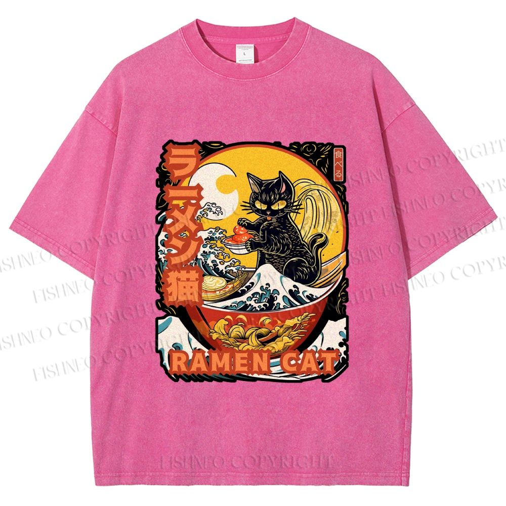 Unisex Japanese Ukiyo-e Ramen Cat Printed Washed Tee