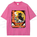 Unisex Japanese Ukiyo-e Ramen Cat Printed Washed Tee