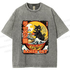 Unisex Japanese Ukiyo-e Ramen Cat Printed Washed Tee