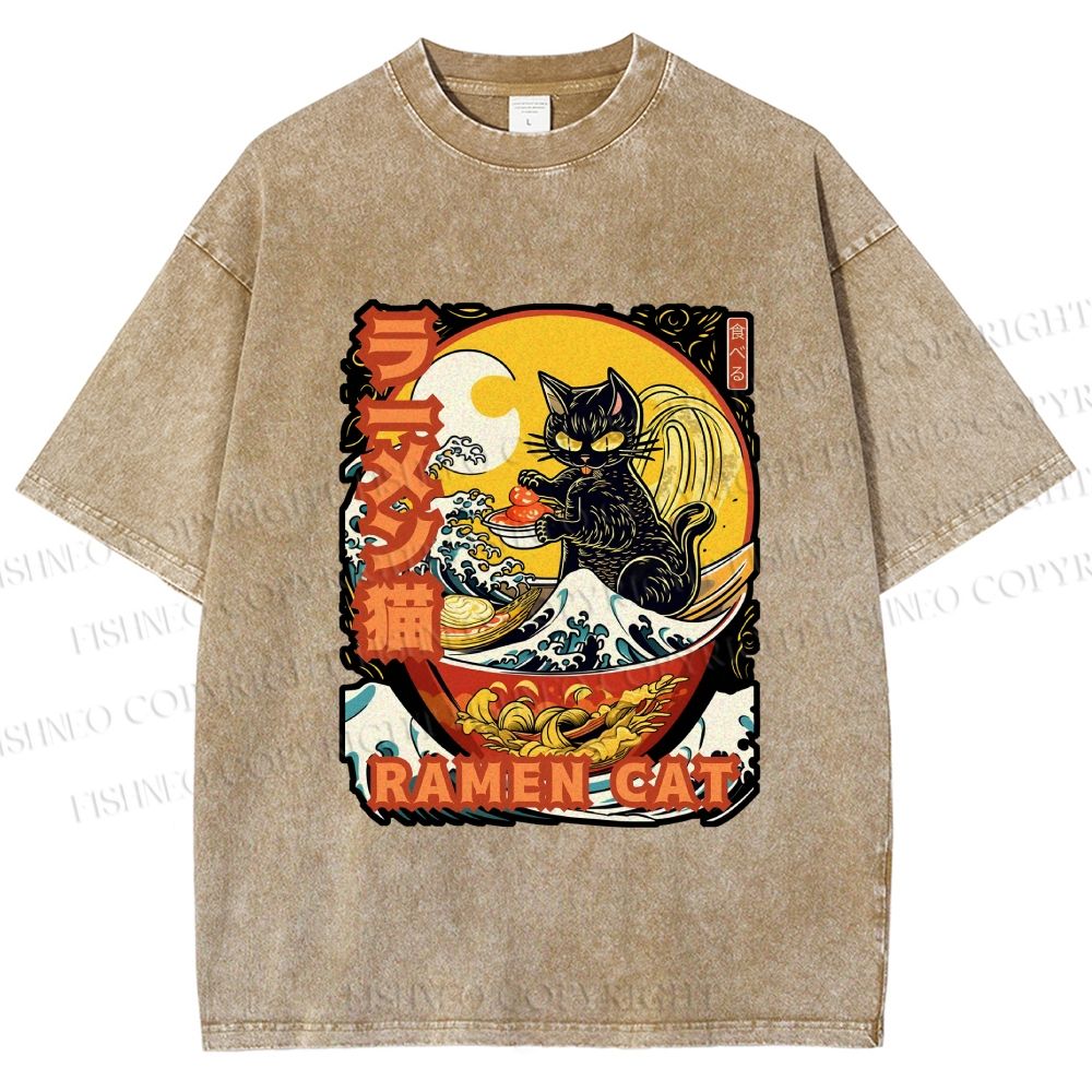 Unisex Japanese Ukiyo-e Ramen Cat Printed Washed Tee