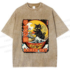 Unisex Japanese Ukiyo-e Ramen Cat Printed Washed Tee