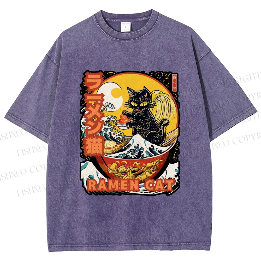 Unisex Japanese Ukiyo-e Ramen Cat Printed Washed Tee