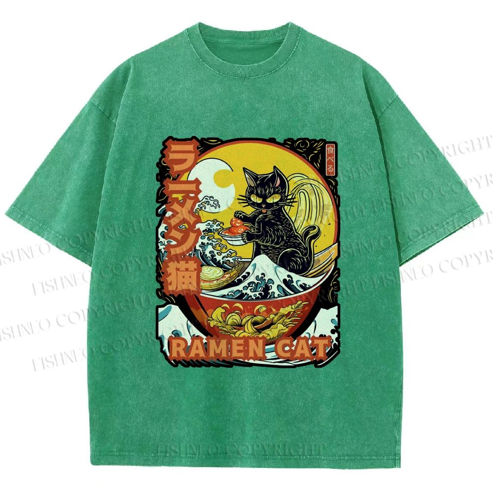 Unisex Japanese Ukiyo-e Ramen Cat Printed Washed Tee