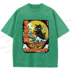 Unisex Japanese Ukiyo-e Ramen Cat Printed Washed Tee