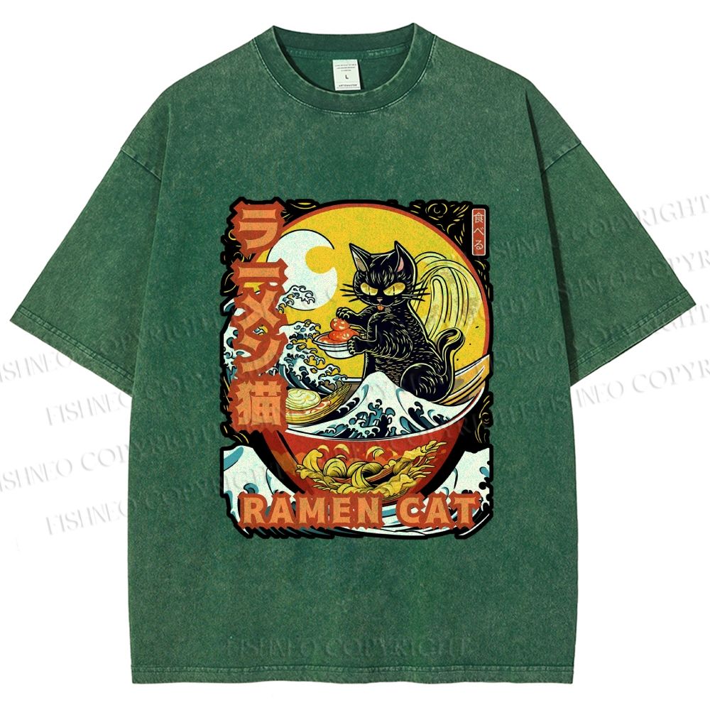 Unisex Japanese Ukiyo-e Ramen Cat Printed Washed Tee