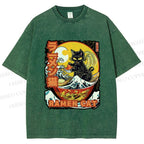 Unisex Japanese Ukiyo-e Ramen Cat Printed Washed Tee