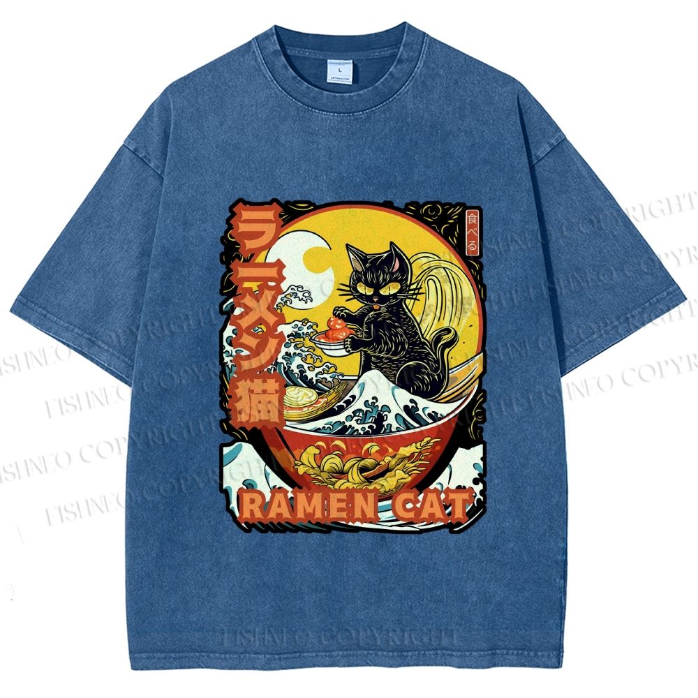 Unisex Japanese Ukiyo-e Ramen Cat Printed Washed Tee